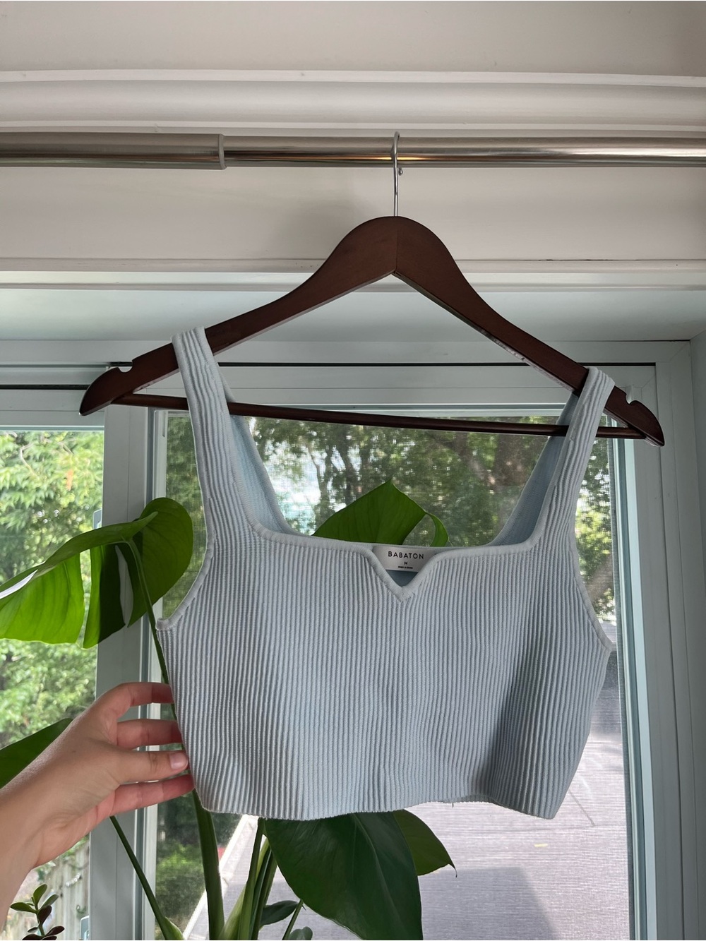Babaton Sculpt Knit Square-Neck Crop Tank Top in Light Blue